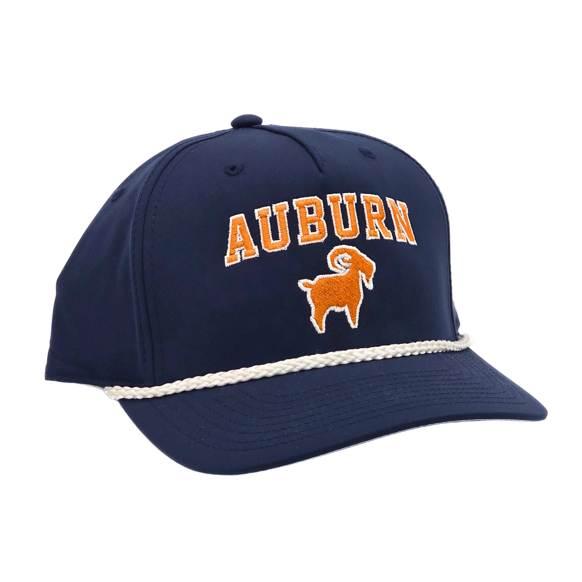 Auburn GOAT Roper side view, Richardson 258 structured roper cap with rope cord trim bill and snapback closure