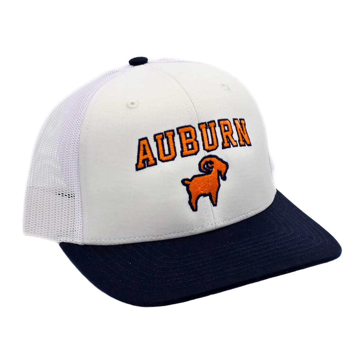 Auburn GOAT Trucker side view Navy/White, Richardson 112 twill-front mesh-back snapback trucker hat