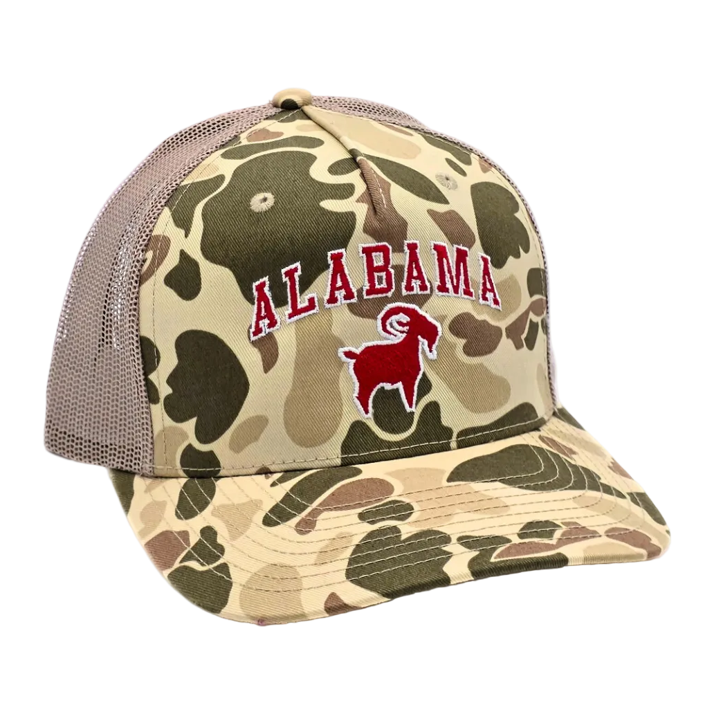 Alabama GOAT Trucker hat Camo variant side view, camo mesh back trucker snapback