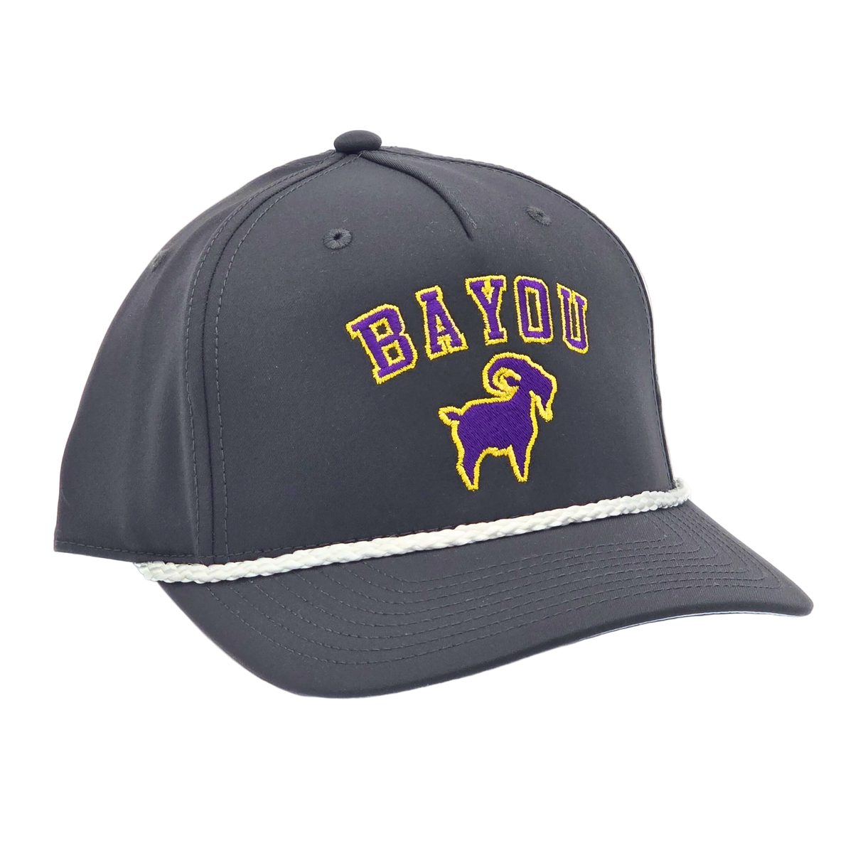 Bayou GOAT Roper side view, Richardson 258 structured 6-panel cap with rope cord bill trim and snapback closure