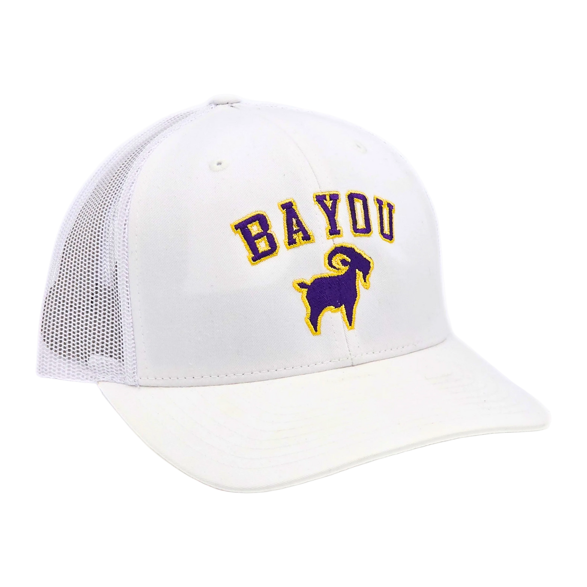 Bayou GOAT Trucker White colorway side view, Richardson 112 trucker hat with poly mesh back panels
