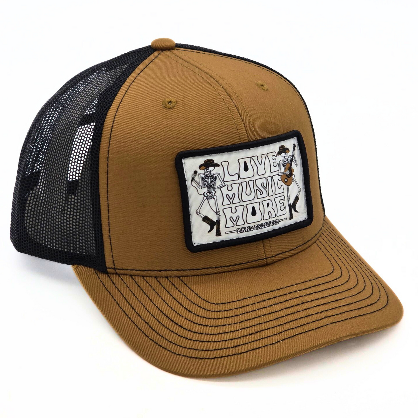 Brown trucker cap with black mesh back and a patch on a white background