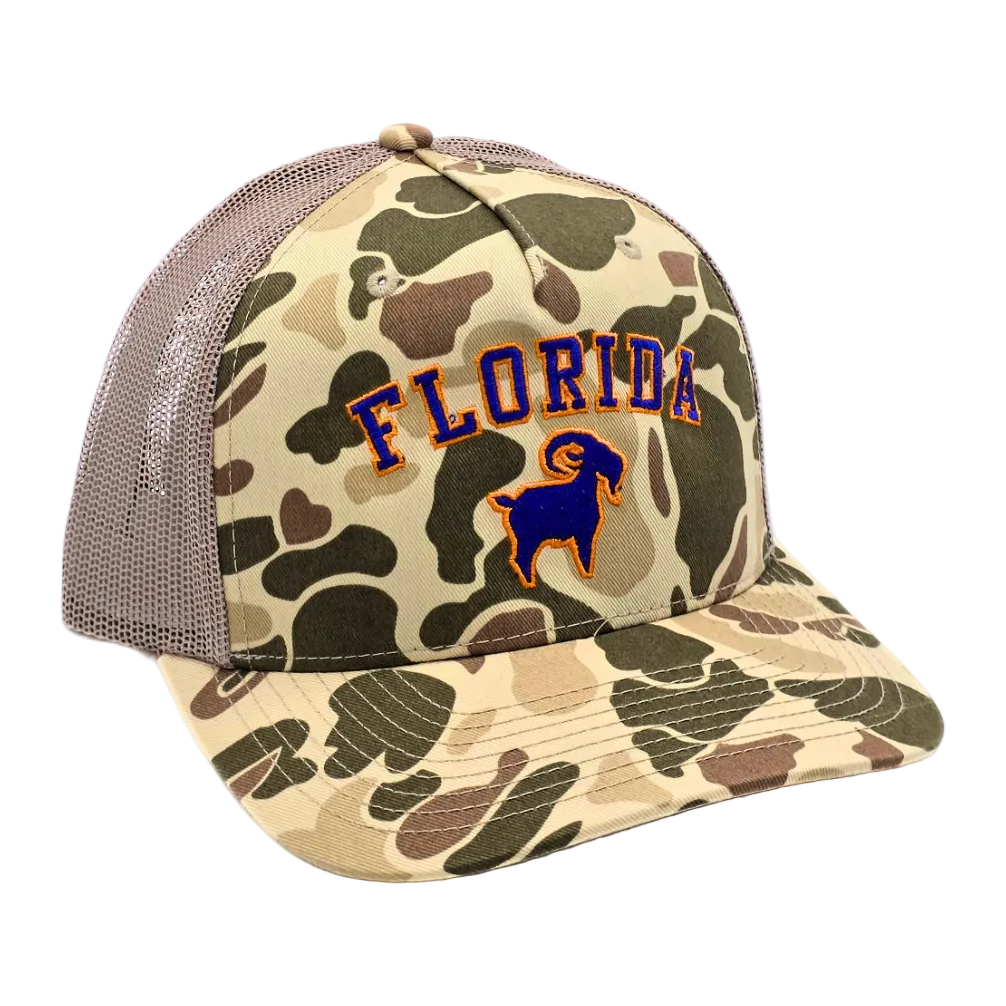 Florida GOAT Trucker Camo side view, Richardson 112 structured snapback trucker hat SALTYmf