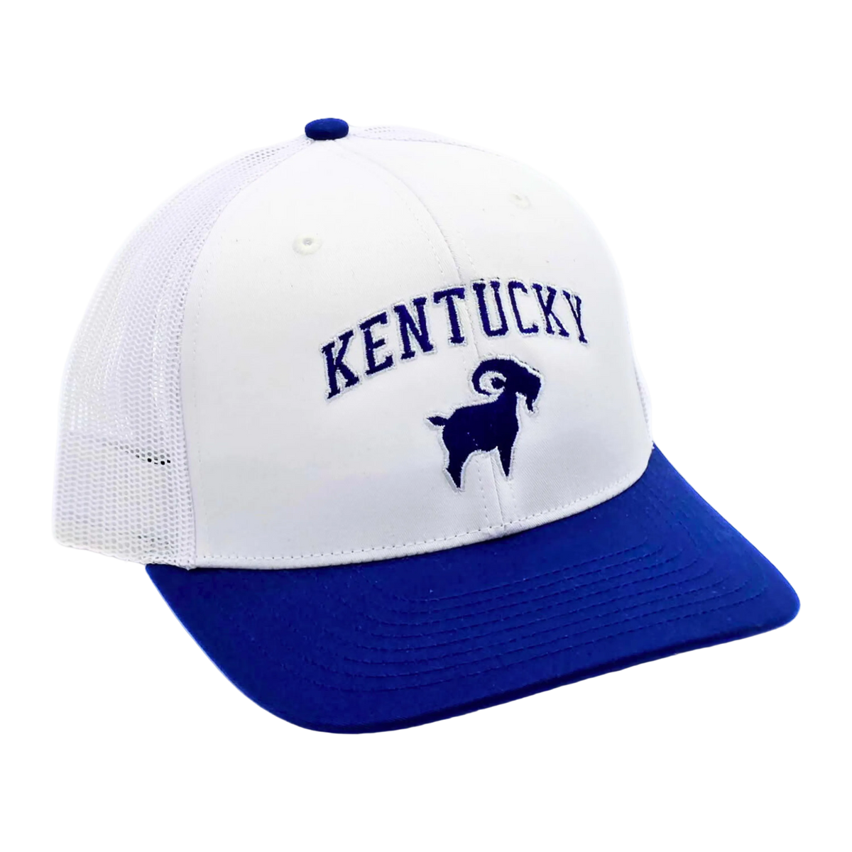 Kentucky GOAT Trucker Blue/White front view, Richardson 112 twill front mesh back snapback