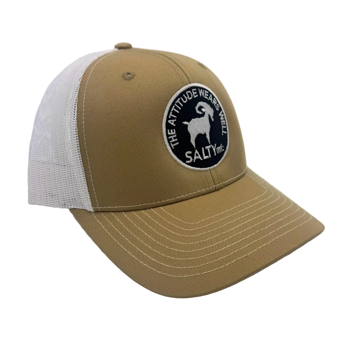 Attitude Patch Trucker Khaki/White colorway side view, SALTYmf trucker hat