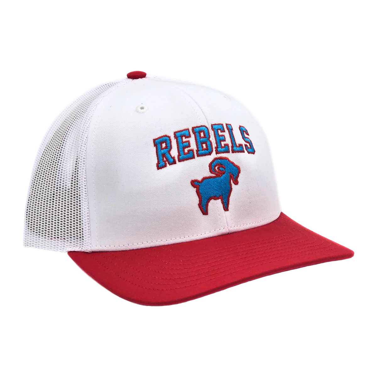 Rebels GOAT Trucker side view Red/White colorway, Richardson 112 twill-front mesh-back snapback trucker hat