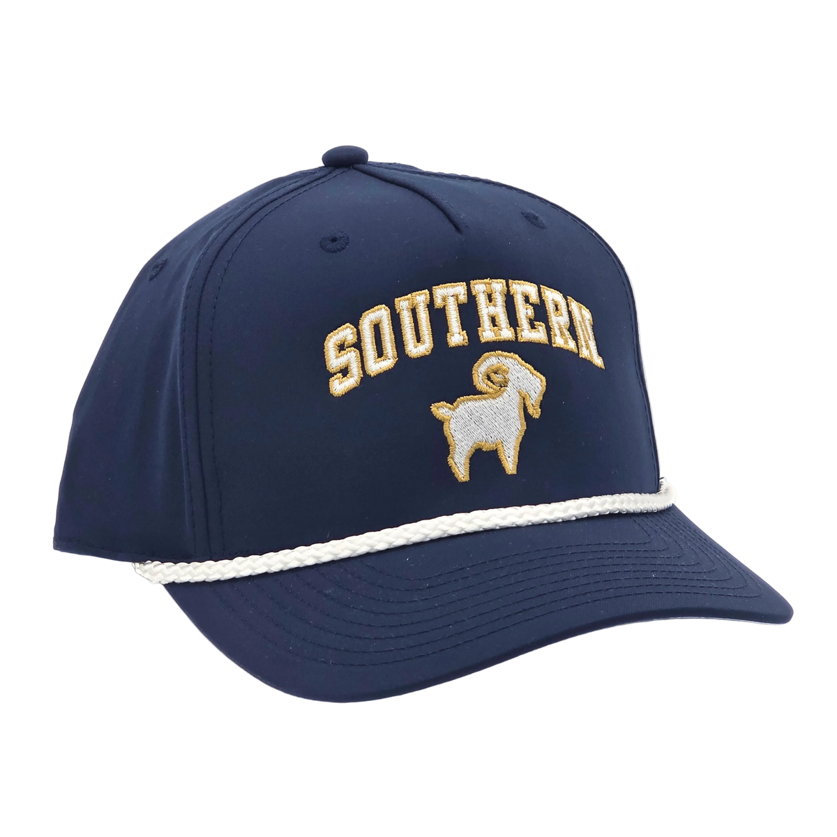 Southern GOAT Roper side view, Richardson 258 structured roper cap with rope cord bill trim and snapback closure