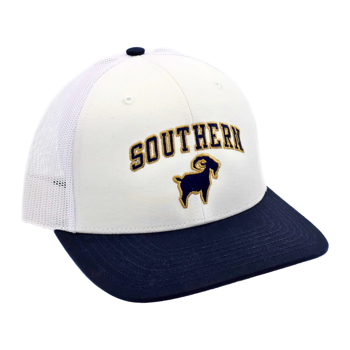 Southern GOAT Trucker Navy/White colorway front view, Richardson 112 gameday trucker hat in Georgia Southern colors