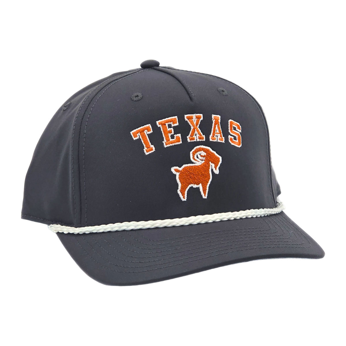 Texas GOAT Roper side view, Richardson 258 structured roper cap with rope cord bill trim and snapback closure