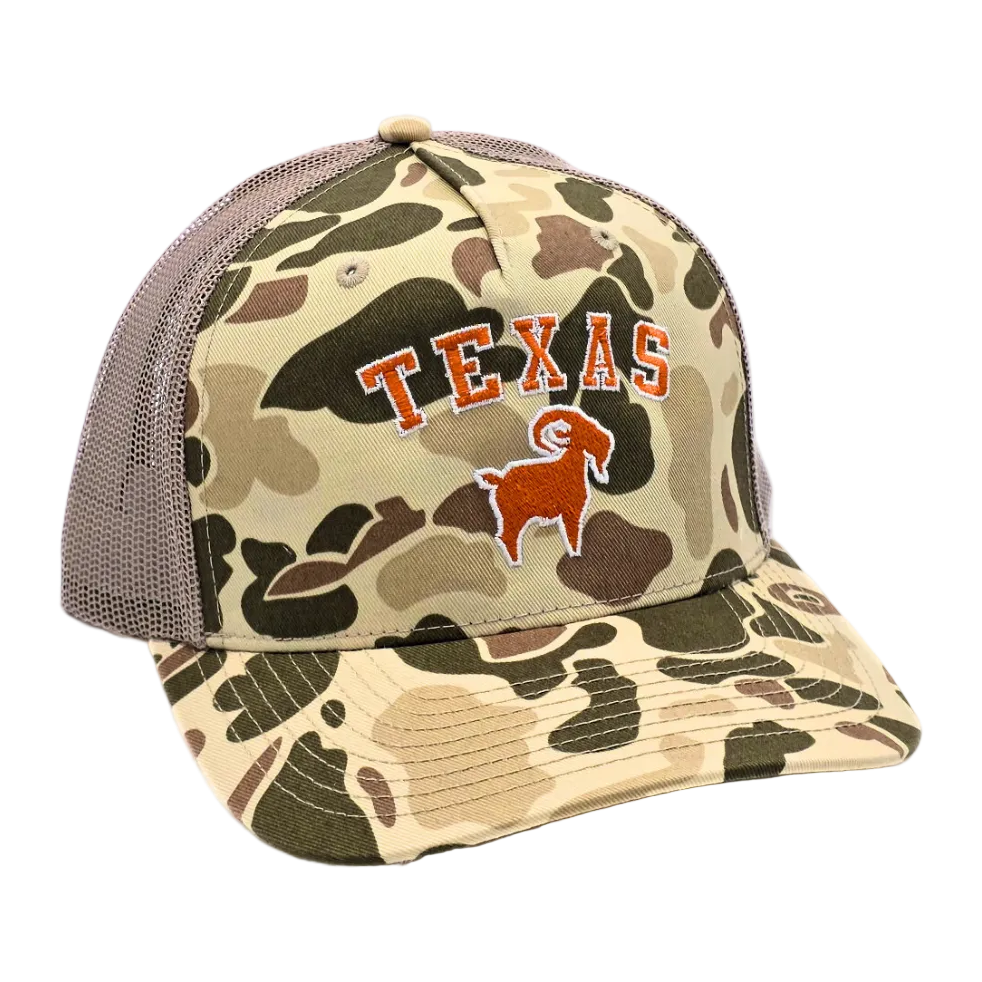 Texas GOAT Trucker Camo colorway side view, Richardson 112 camouflage gameday trucker hat with structured twill front