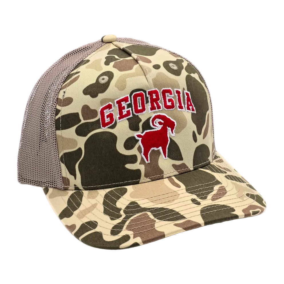 Georgia GOAT Trucker Camo side view, Richardson 112 structured trucker snapback