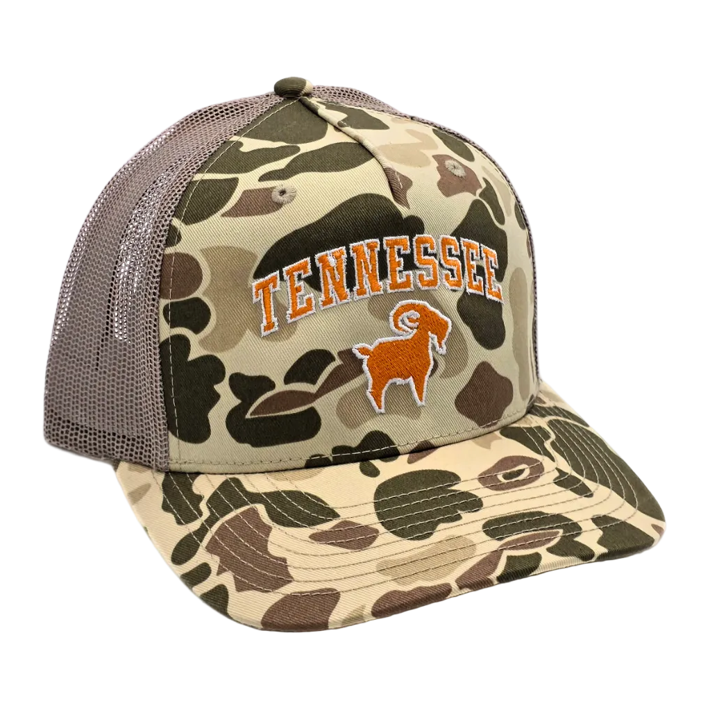 Tennessee GOAT Trucker Camo colorway side view, Richardson 112 trucker hat with mesh back panels