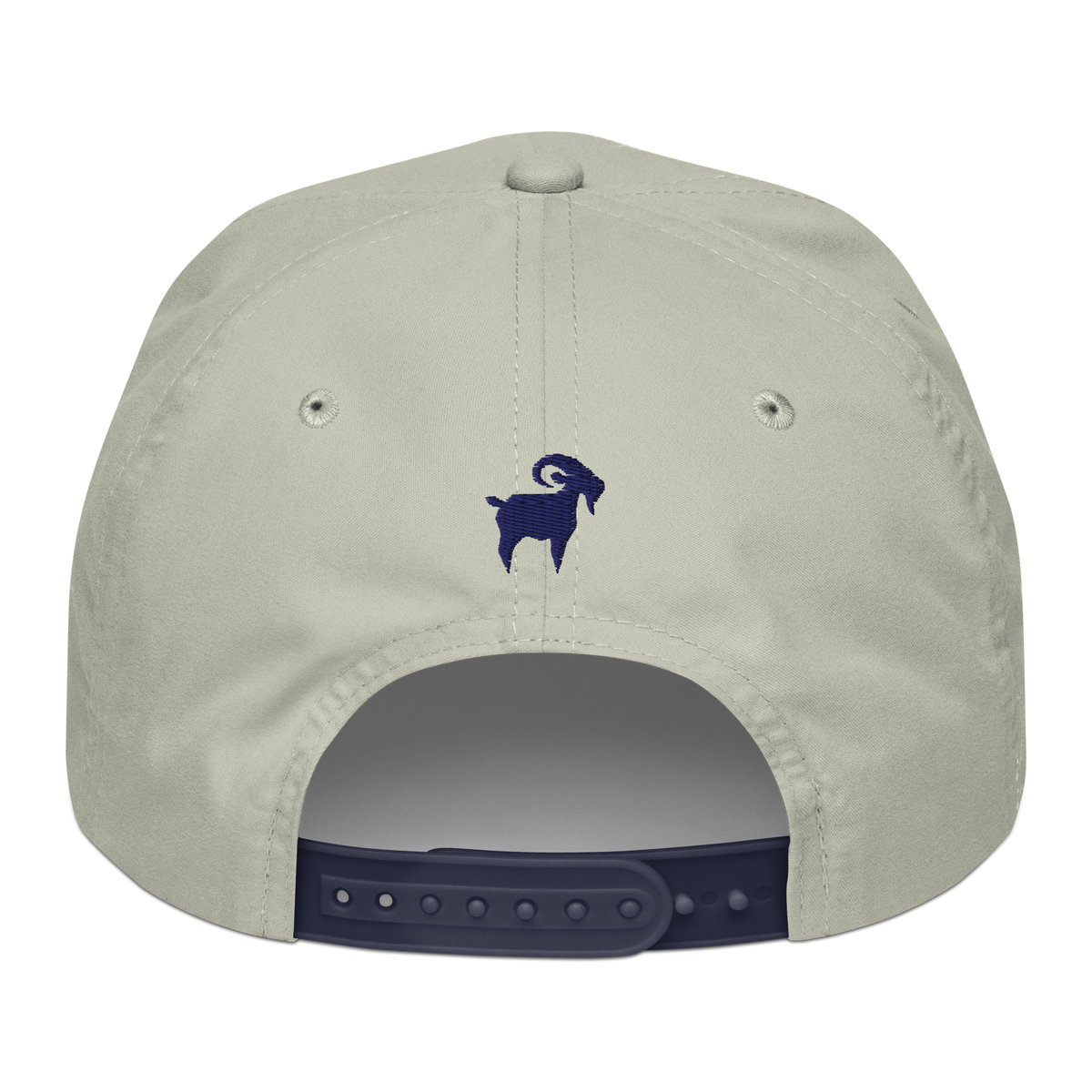 SALTYmf American Party Goat Rope Hat in Stone/Navy Rope, back view with a small embroidered white goat on the back