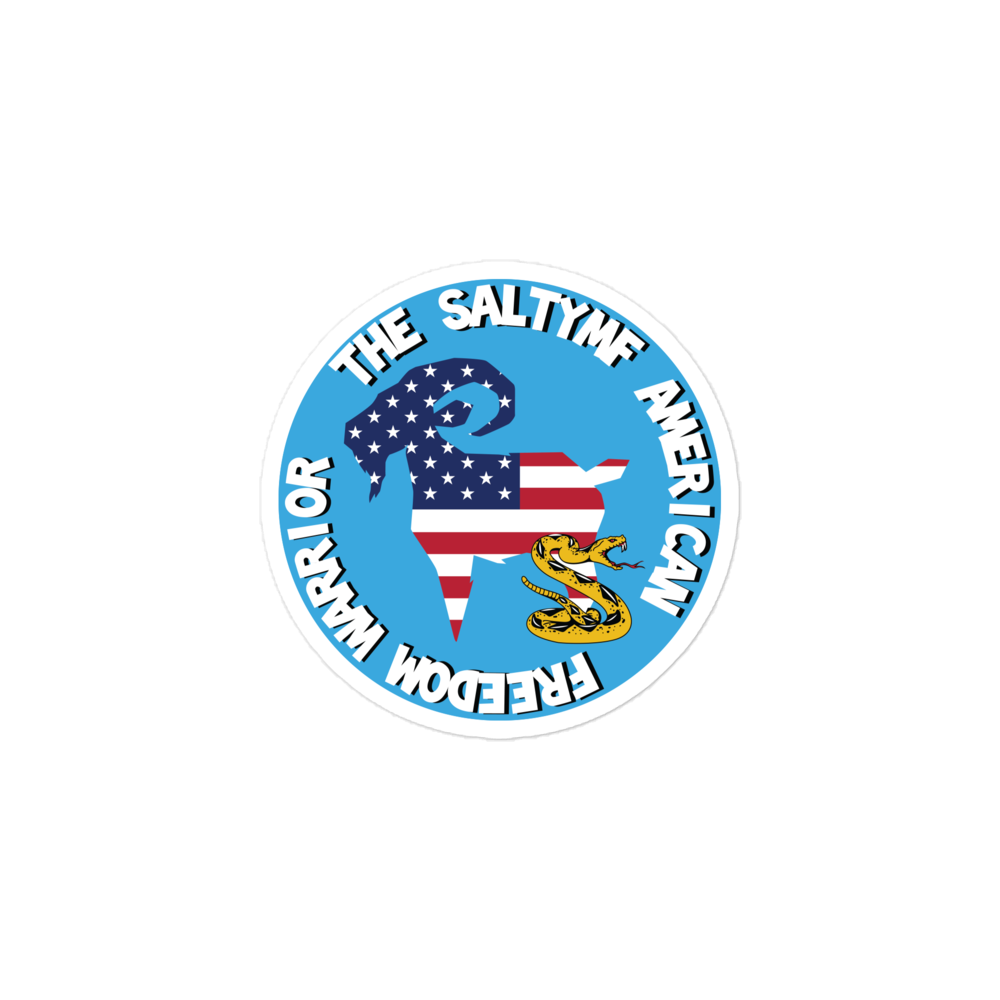 SALTYmf Freedom Warrior Sticker with the flag goat and rattlesnake in a Freedom Warrior circle, 3 x 3 inch