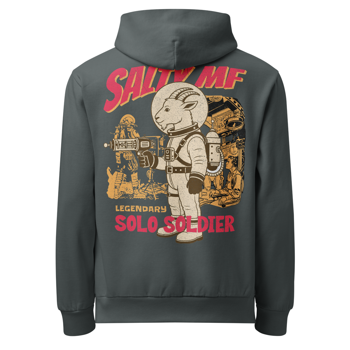 SALTYmf Legendary Solo Soldier Hoodie in Midnight Navy, back view with the goat astronaut holding a ray gun