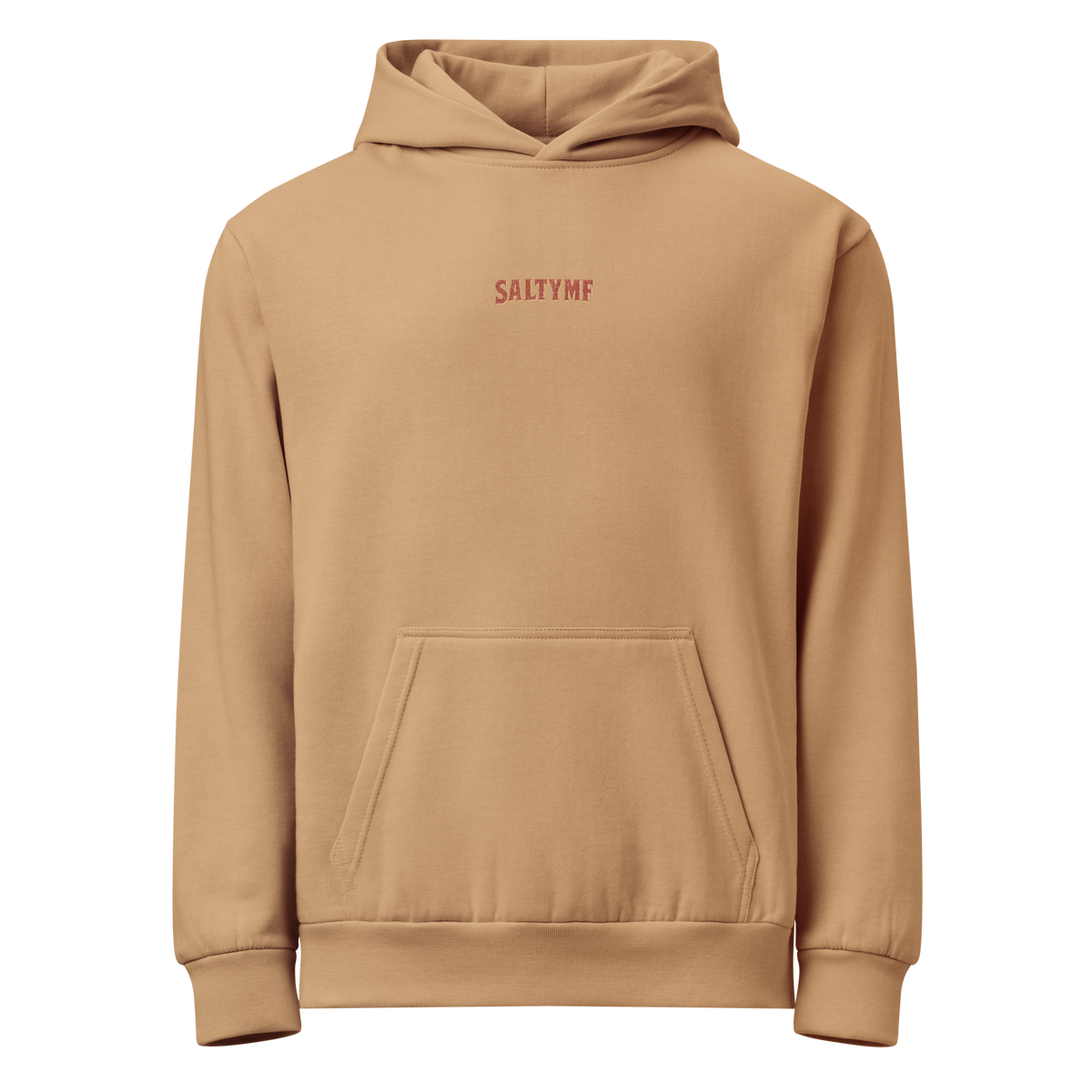 SALTYmf Reptile Hunter Hoodie in Khaki, front view with the small SALTYMF wordmark on the chest