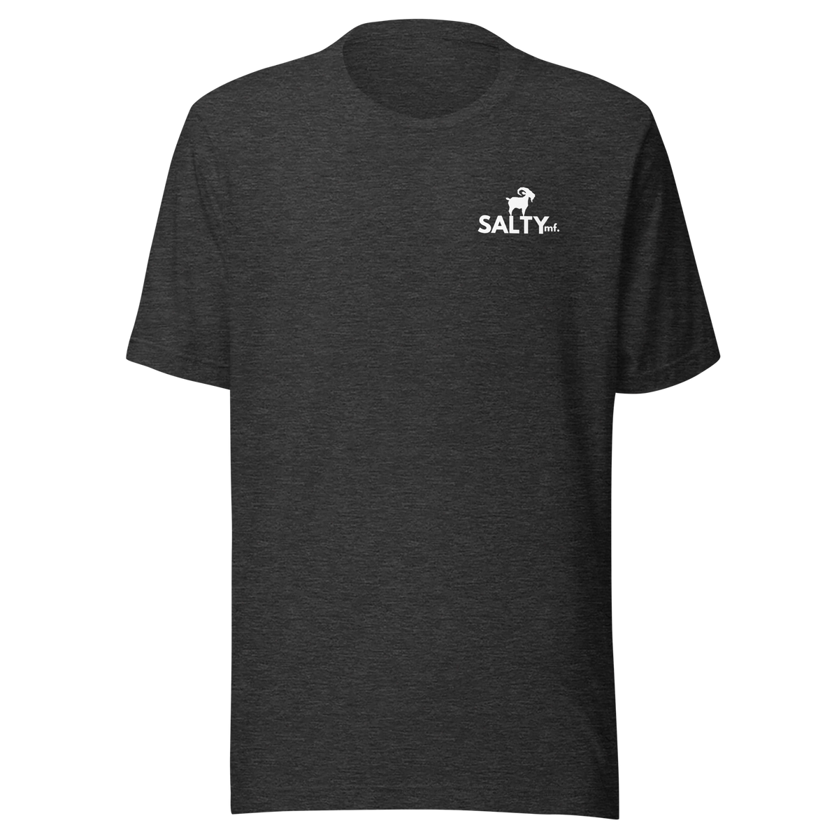 SALTYmf Tuna Cowboy Tee in Dark Grey Heather, front view with the SALTYmf logo on the left chest
