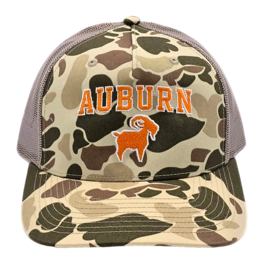 Auburn GOAT Trucker front view Camo colorway, SALTYmf Auburn gameday trucker hat camo pattern