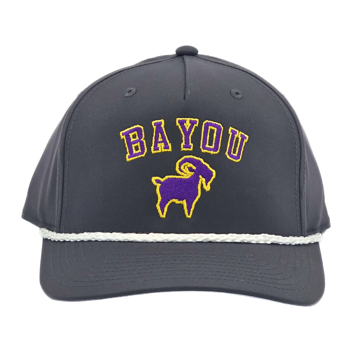 Bayou GOAT Roper front view, structured low-profile Louisiana gameday roper hat with rope cord bill detail
