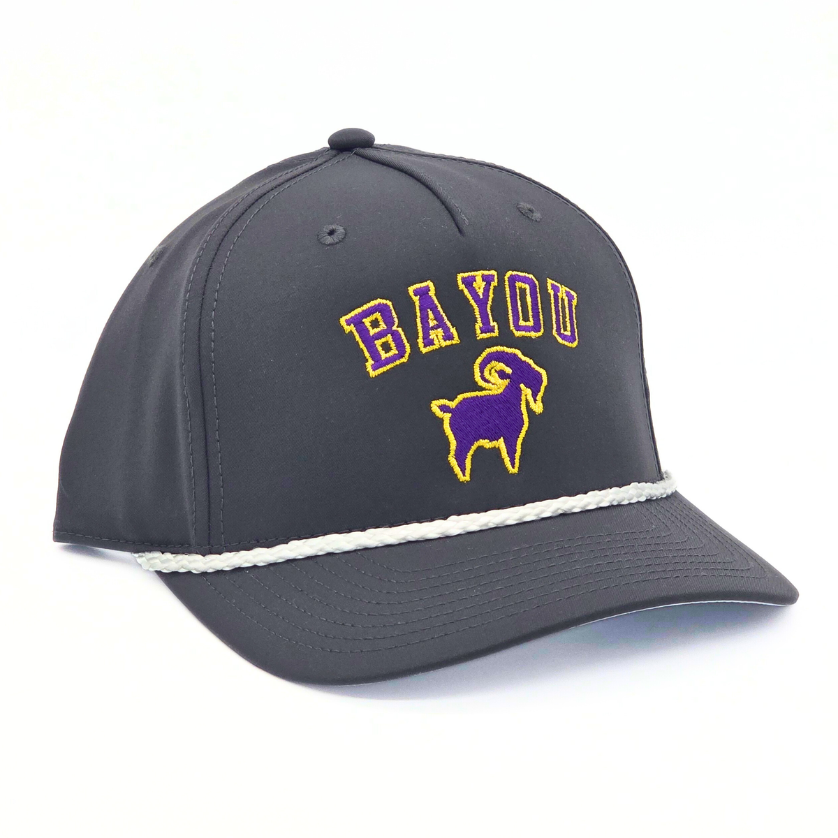 Bayou GOAT Roper side view, Richardson 258 structured 6-panel cap with rope cord bill trim and snapback closure