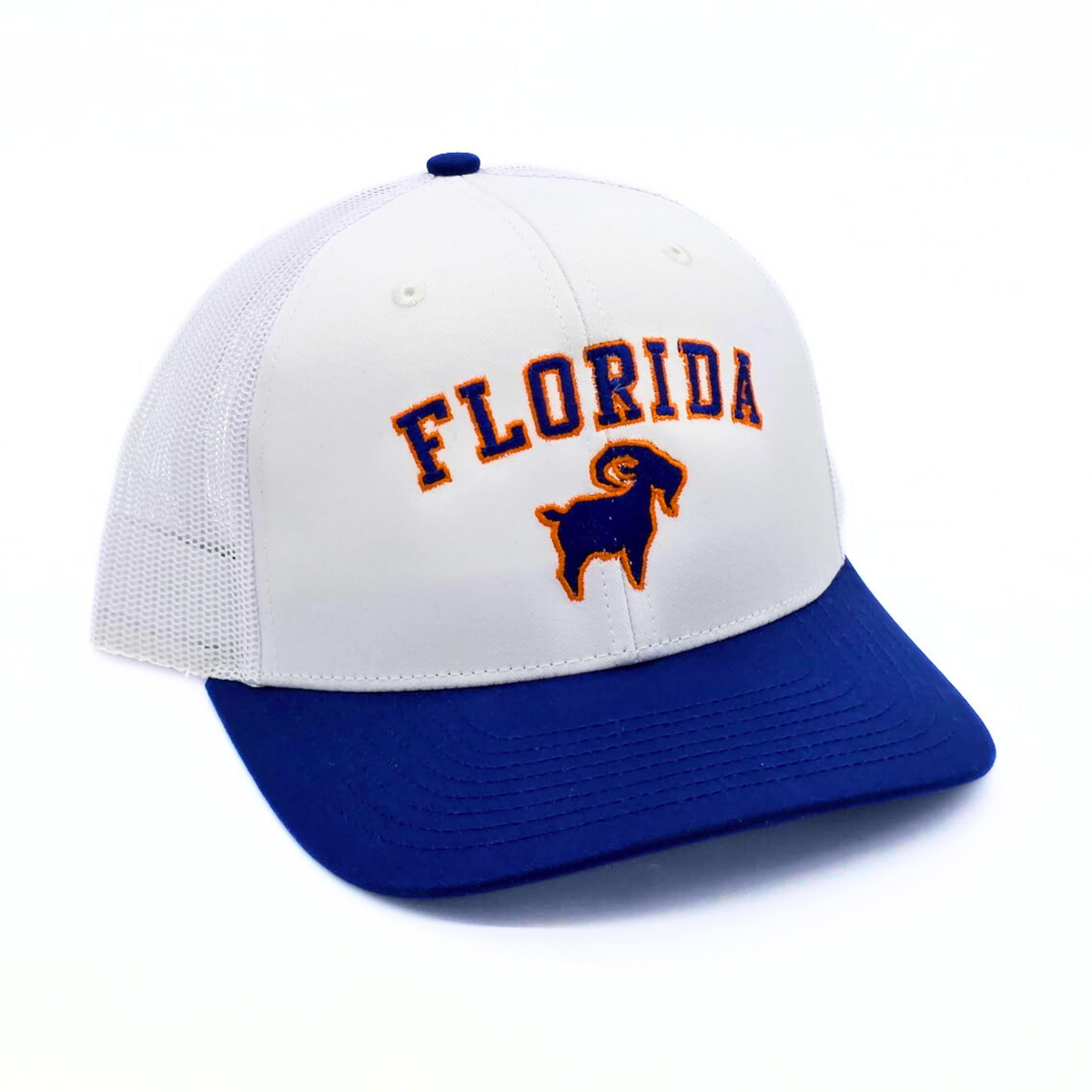 Florida GOAT Trucker Blue/White front view, Richardson 112 twill front mesh back snapback