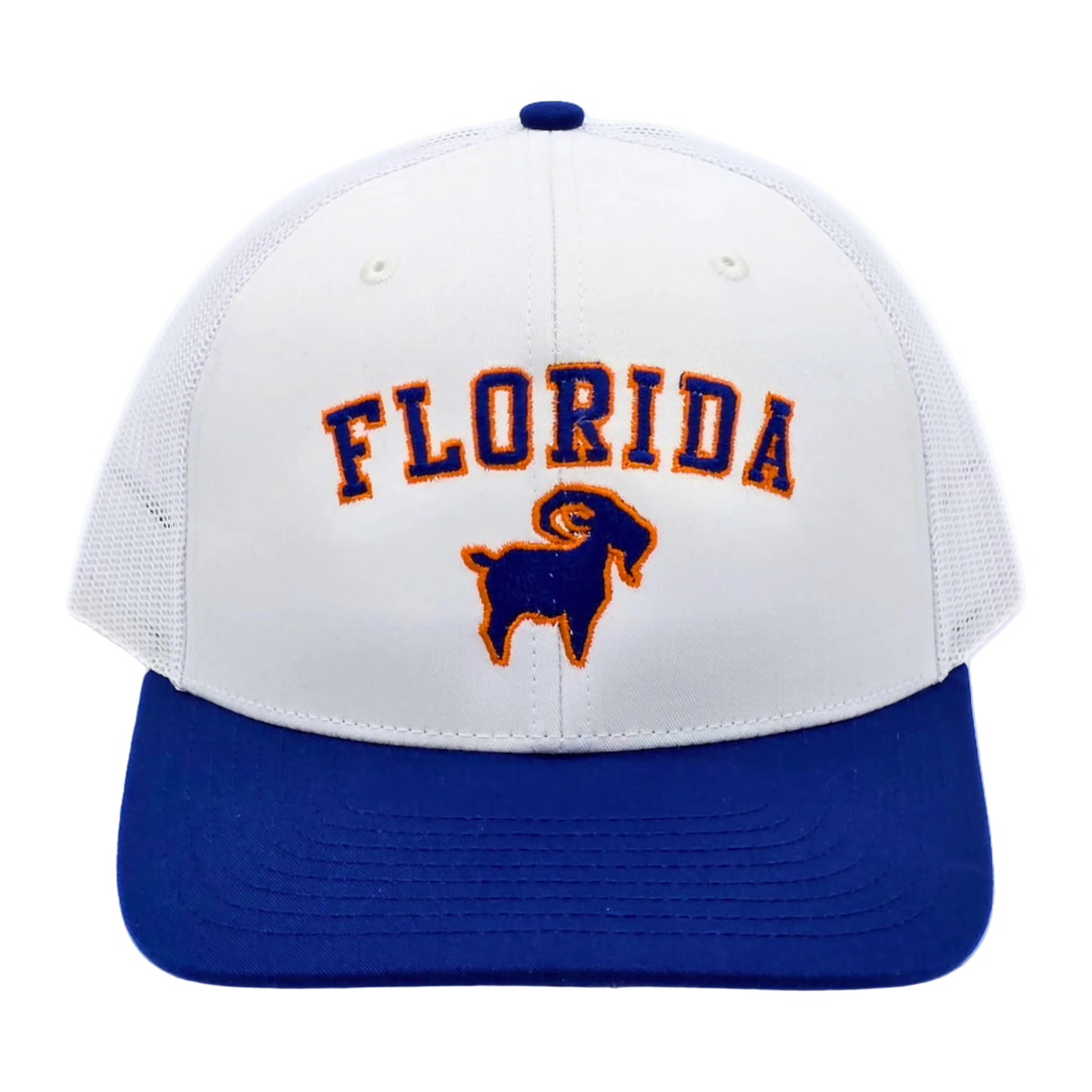 Florida GOAT Trucker Blue/White side view, structured twill front panel poly mesh back gameday trucker