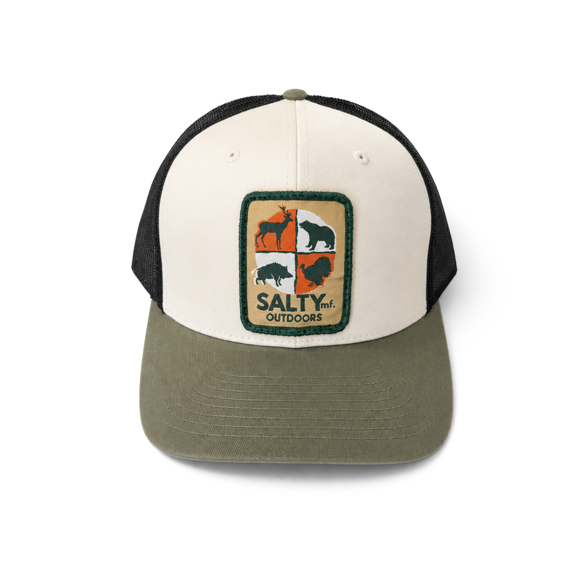 SALTYmf Hunt Patch Trucker in Cream, Black, and Loden colorway, Richardson 112 mesh-back trucker with woven Hunt patch front