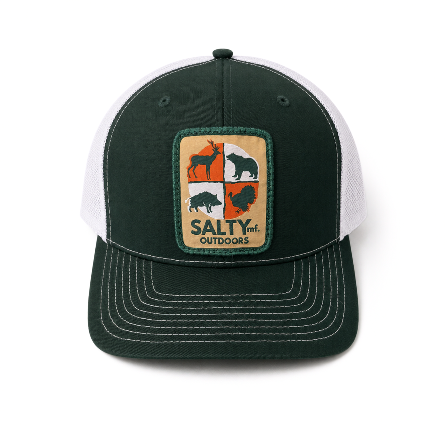 SALTYmf Hunt Patch Trucker in White and Dark Green colorway, Richardson 112 mesh-back trucker with woven Hunt patch front