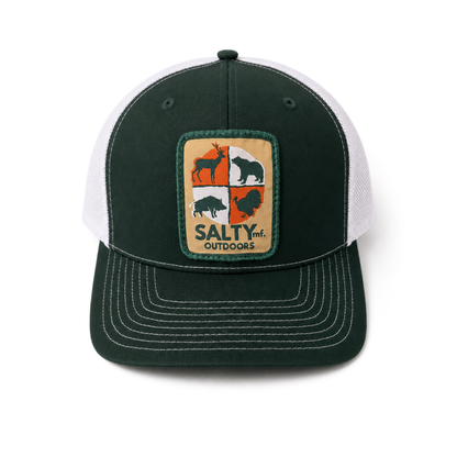 SALTYmf Hunt Patch Trucker in White and Dark Green colorway, Richardson 112 mesh-back trucker with woven Hunt patch front