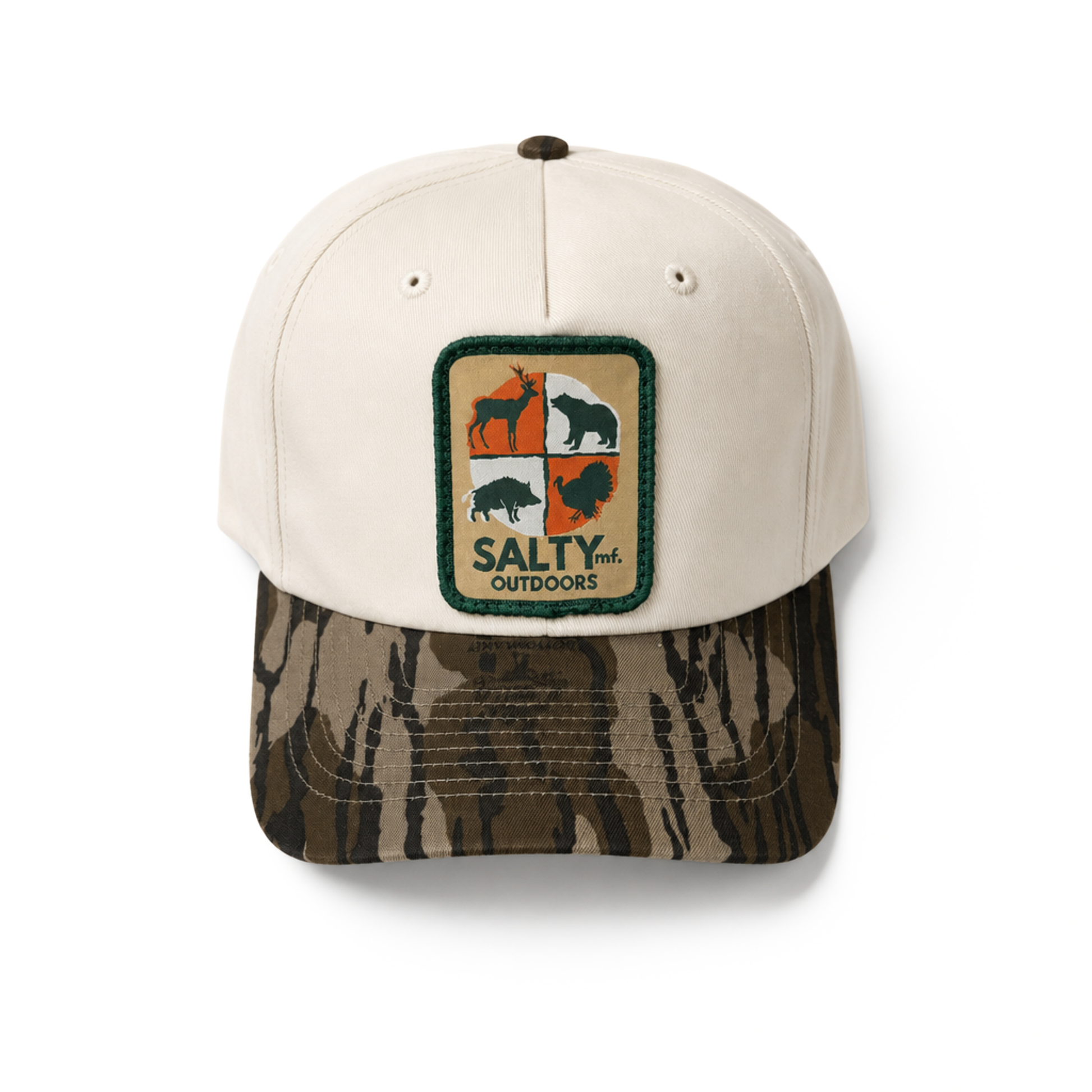 SALTYmf Hunt Patch Gramps Hat in Cream and Woodland Camo colorway, Richardson 356 structured cap with woven Hunt patch front