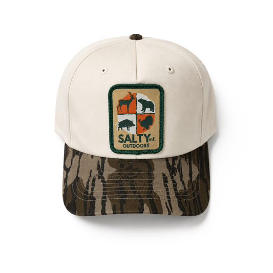 SALTYmf Hunt Patch Gramps Hat in Cream and Woodland Camo colorway, Richardson 356 structured cap with woven Hunt patch front