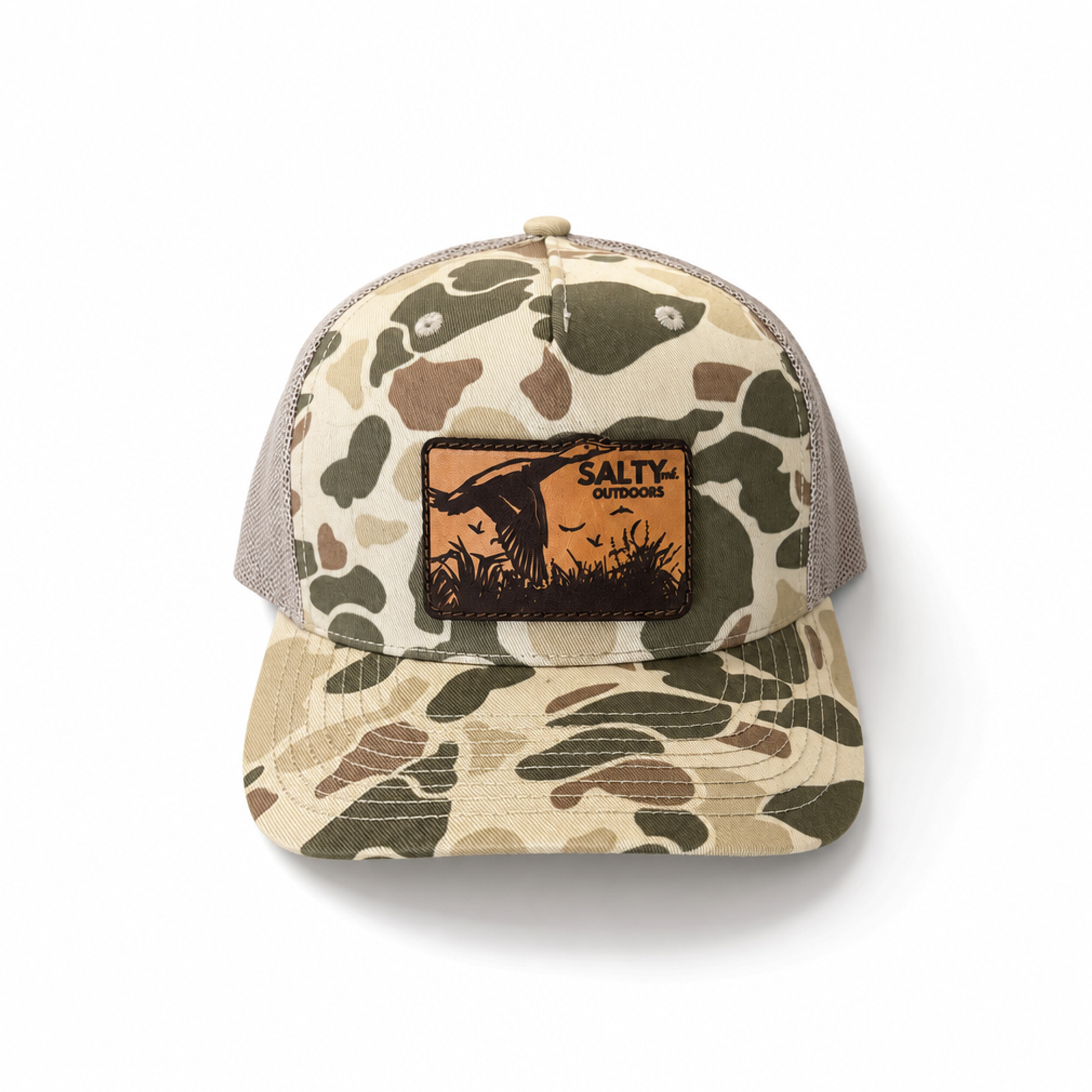 SALTYmf Leather Duck Patch Trucker in Marsh Duck Camo colorway, Richardson 112 mesh-back trucker with real leather duck patch front