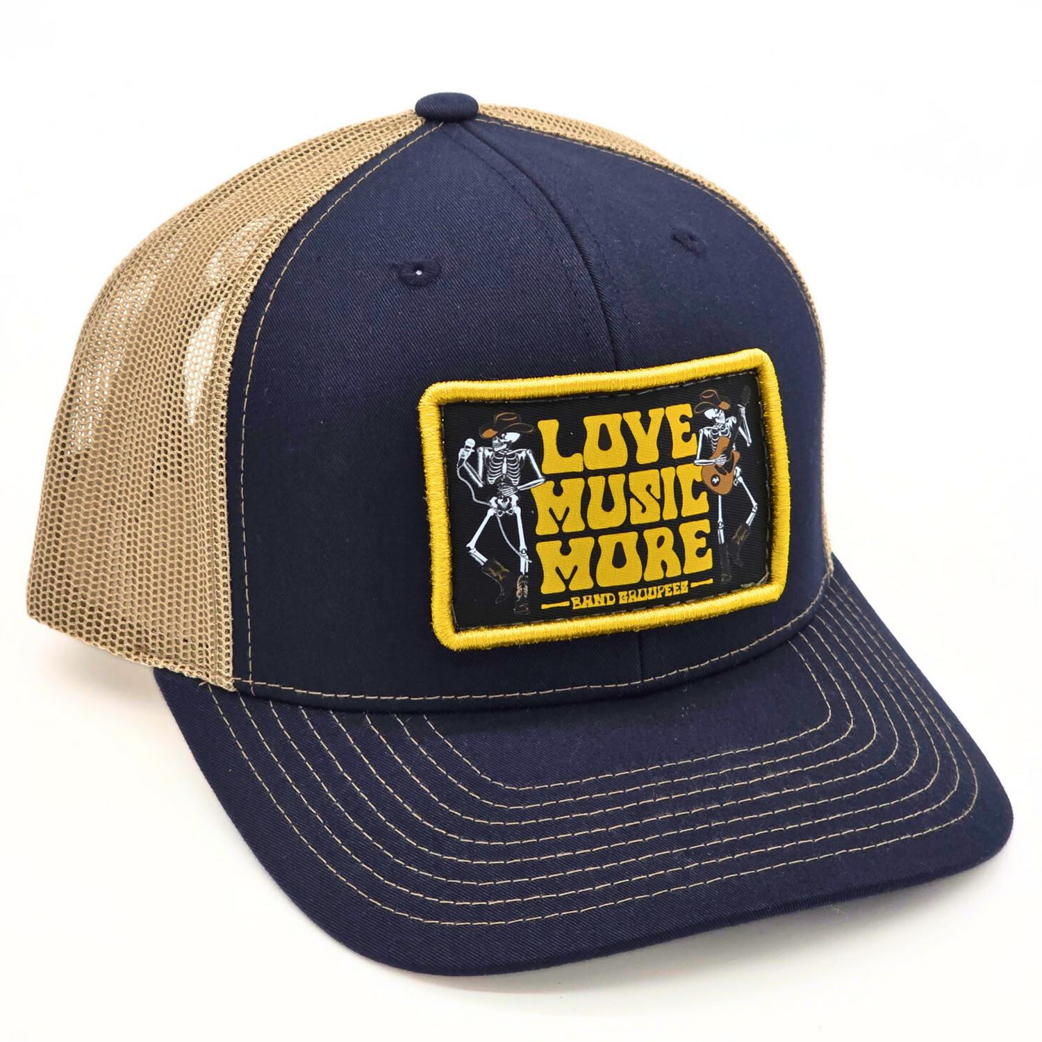 Navy and beige cap with 'Love Music More' patch on a white background