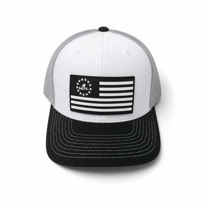 SALTYmf Ole Betsy Trucker in Aluminum, White, and Black colorway, Richardson 112 mesh-back trucker with Ole Betsy PVC patch front