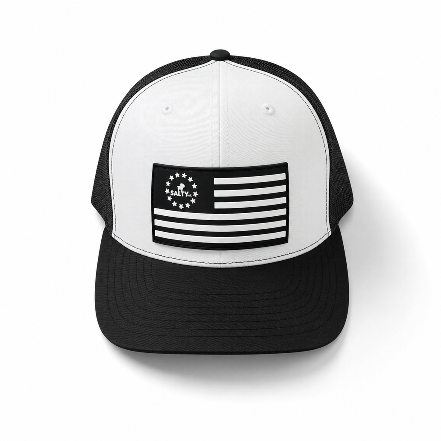 SALTYmf Ole Betsy Trucker in White and Black colorway, Richardson 112 mesh-back trucker with Ole Betsy PVC patch front