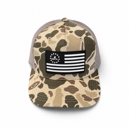 SALTYmf Ole Betsy Trucker in Harvest Duck Camo colorway, Richardson 112 mesh-back trucker with Ole Betsy PVC patch front