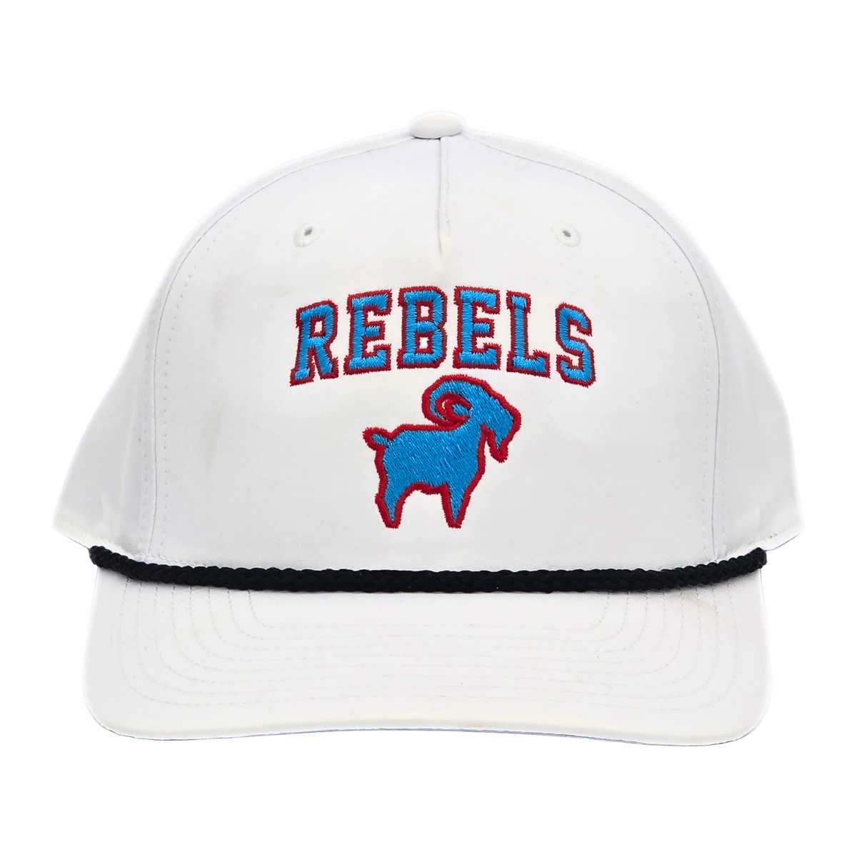 Rebels GOAT Roper front view, SALTYmf structured 6-panel roper hat in Oxford Mississippi team colors