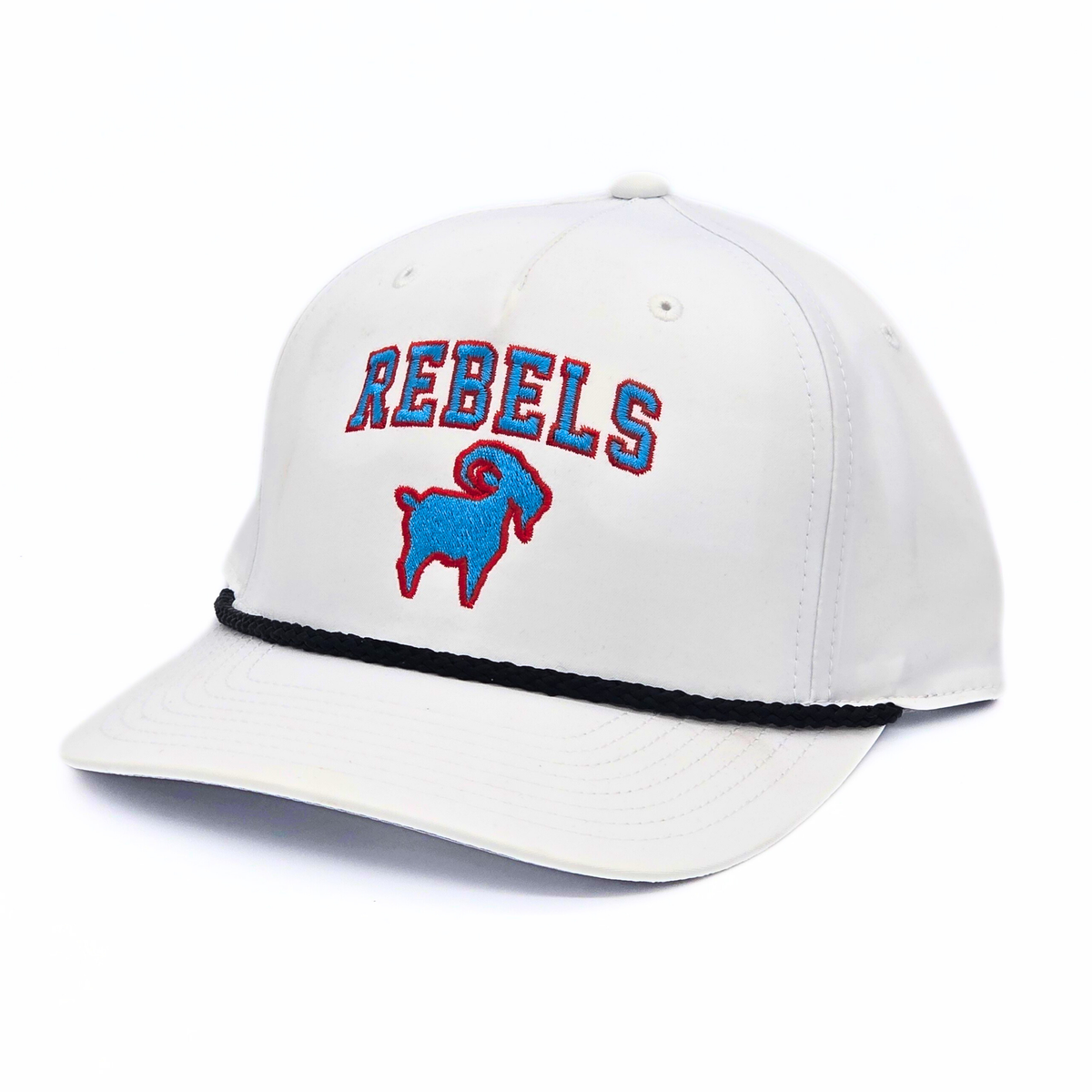 Rebels GOAT Roper side view, Richardson 258 structured roper cap with rope cord trim bill and snapback closure