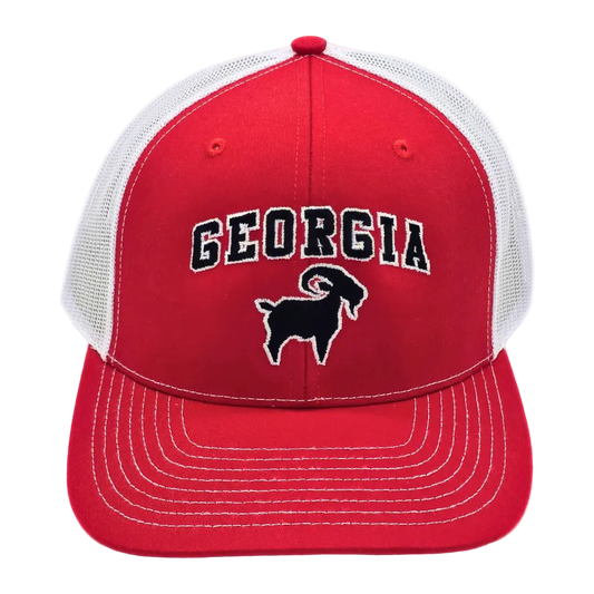 Georgia GOAT Trucker Red/White front view, mesh back trucker hat Athens Georgia gameday
