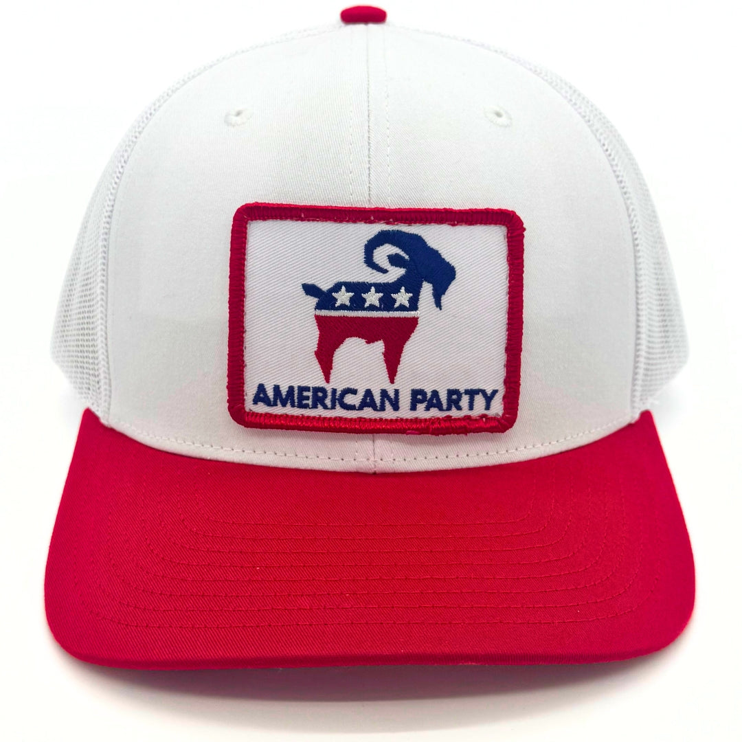 American Party Patch Trucker Hat Red/White front view, SALTYmf trucker hat