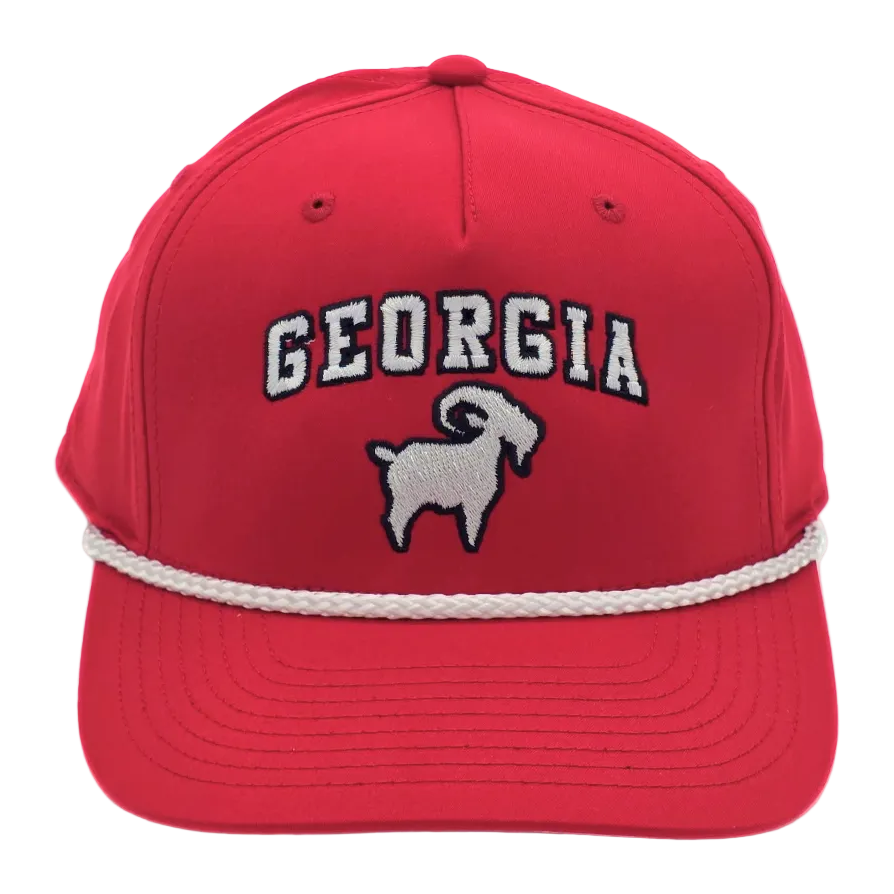 Georgia GOAT Roper hat Red/White front view showing Georgia team colorway and rope cord bill trim