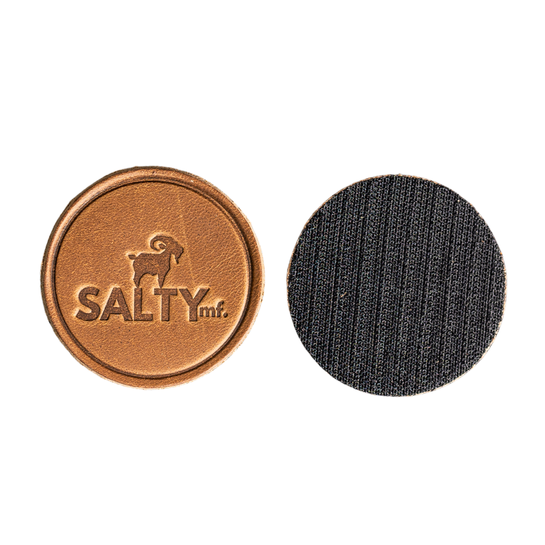 SALTYmf Leather Patch with the SALTYmf goat logo embossed in leather