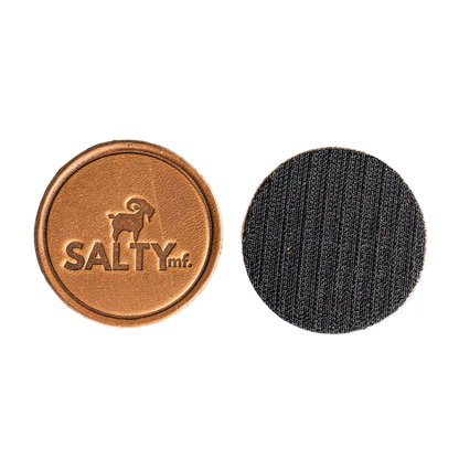 SALTYmf Leather Patch with the SALTYmf goat logo embossed in leather