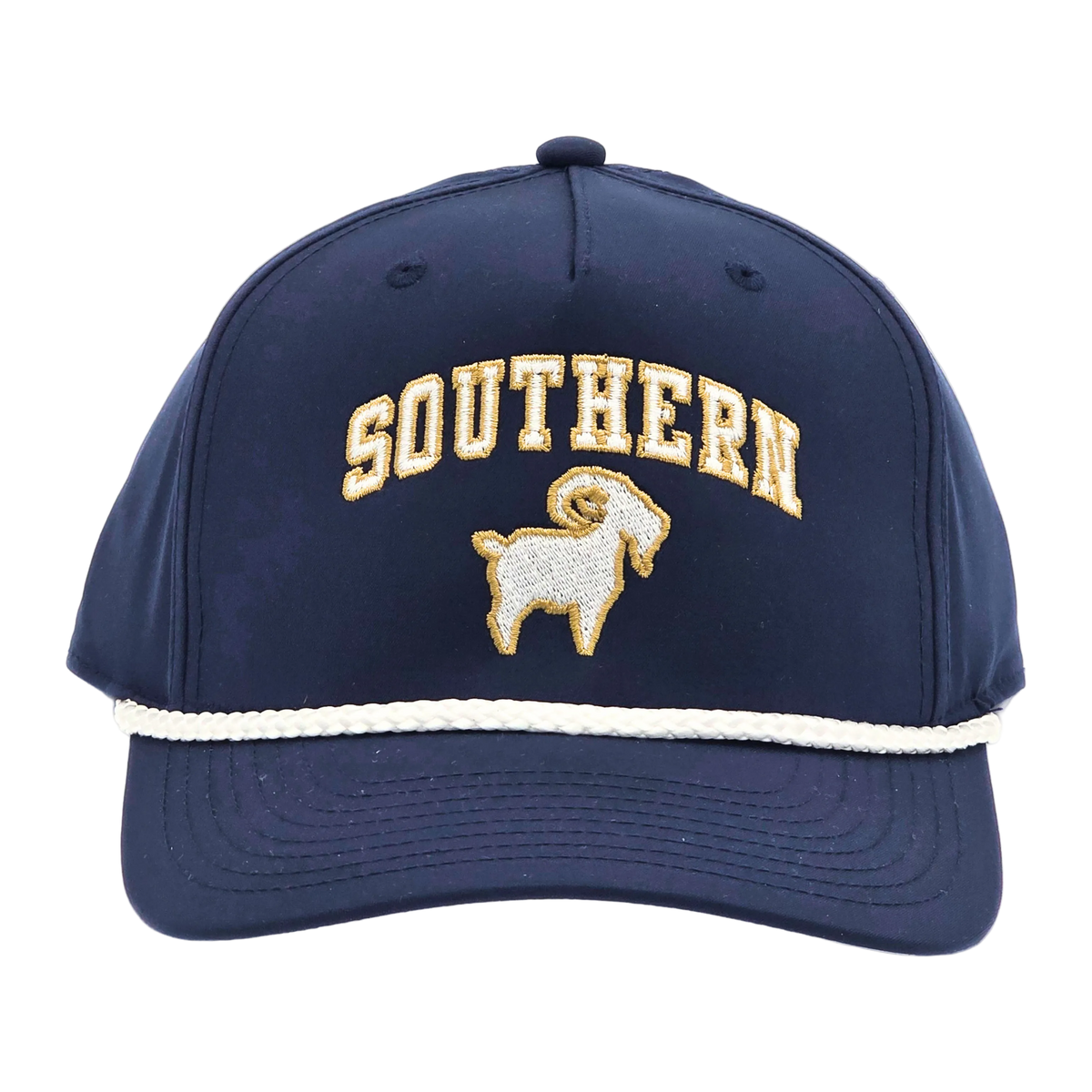 Southern GOAT Roper front view, Richardson 258 low-profile 6-panel gameday hat with rope cord trim on bill