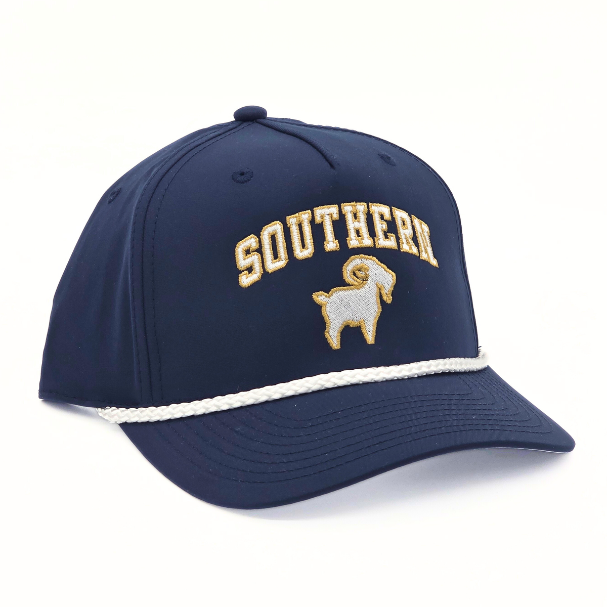 Southern GOAT Roper side view, Richardson 258 structured roper cap with rope cord bill trim and snapback closure