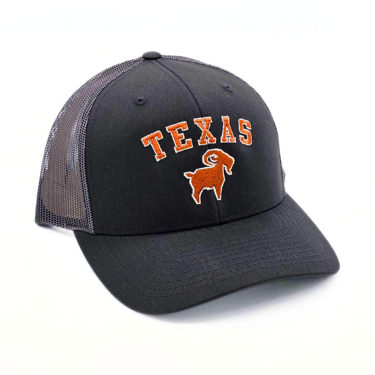 Texas GOAT Trucker Loden side view, Richardson 112 gameday trucker hat with twill front panel, mesh back, and snapback closure