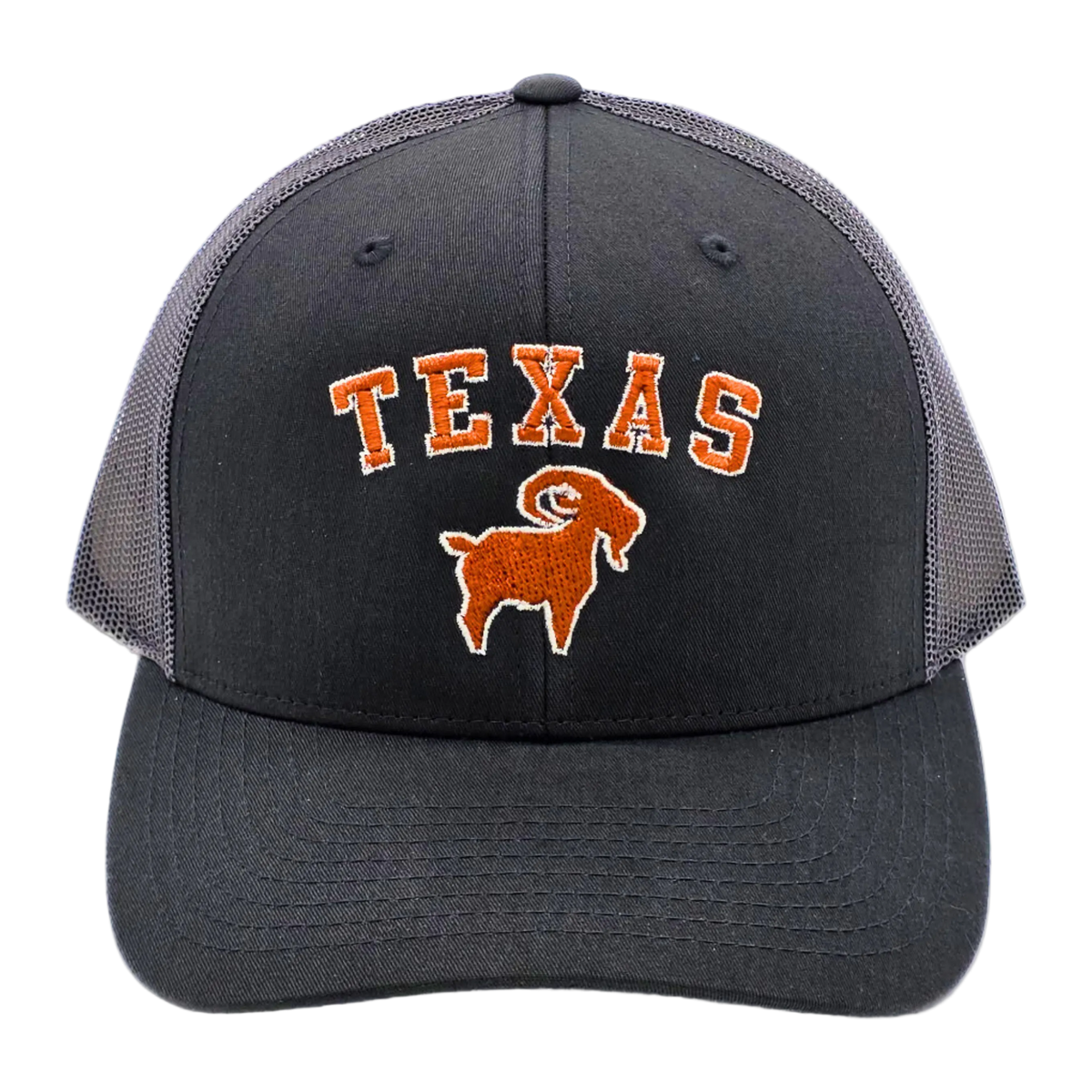 Texas GOAT Trucker Loden second side view, structured twill-front trucker cap with poly mesh back panels