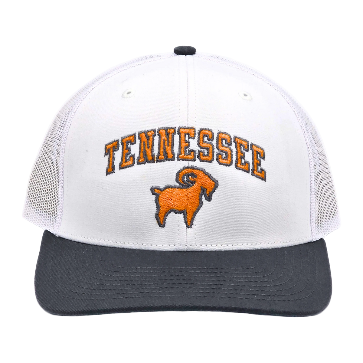 Tennessee GOAT Trucker White/Grey colorway front view, structured twill panel snapback trucker hat