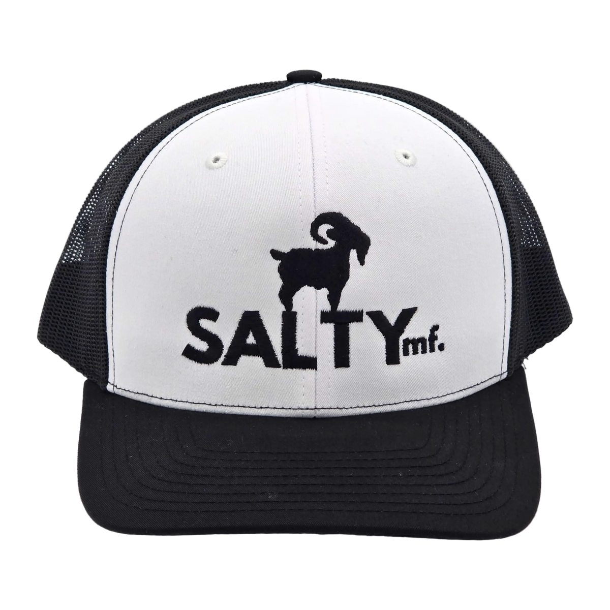 SALTYmf Core Trucker White/Black colorway front view, Richardson 112 twill front mesh back snapback
