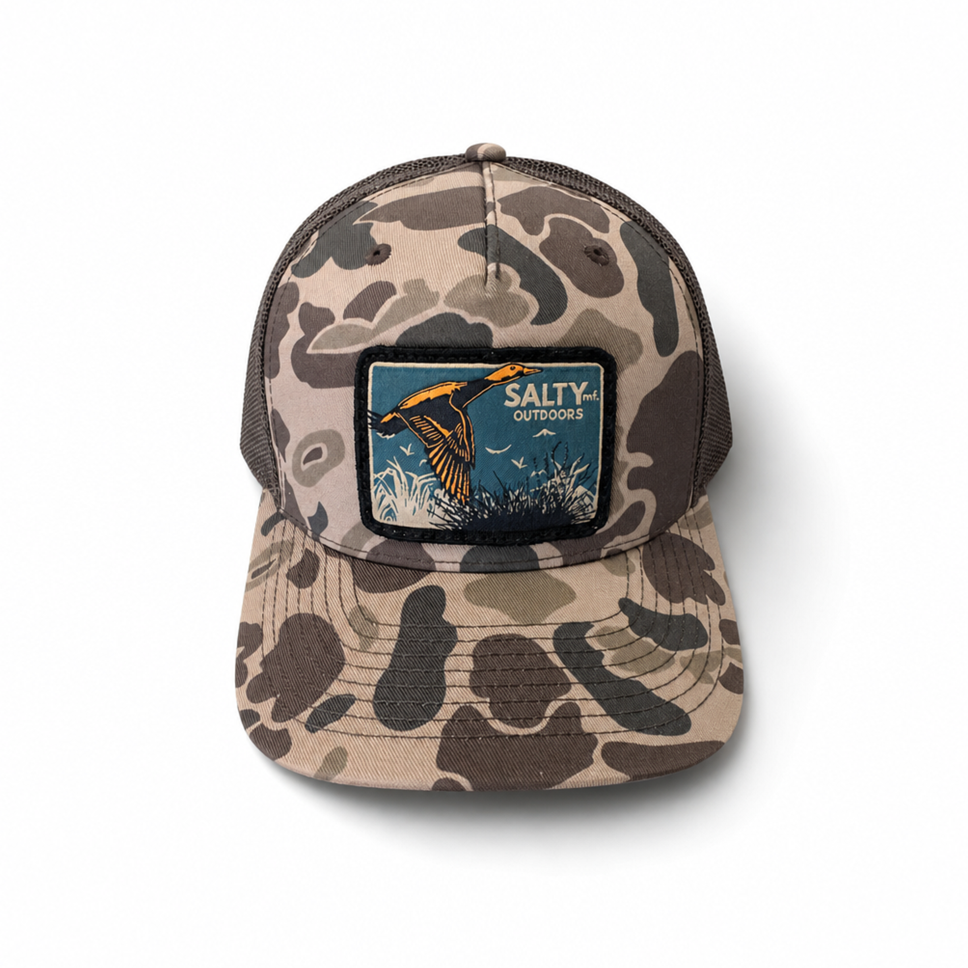 SALTYmf Woven Duck Patch Trucker in Bark Duck Camo colorway, Richardson 112 mesh-back trucker with woven duck patch front